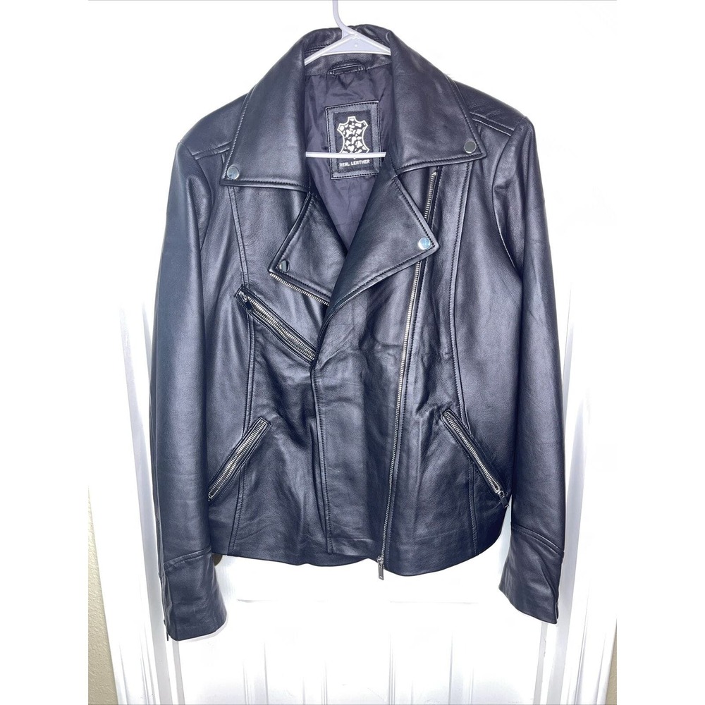 Women Genuine Black Leather Jacket Soft Lambskin Biker Motorcycle Jacket Size XL